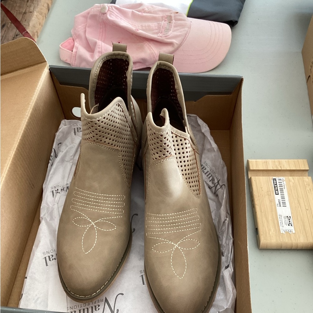 Natural Reflections Tan Ankle Booties with Perforated Design